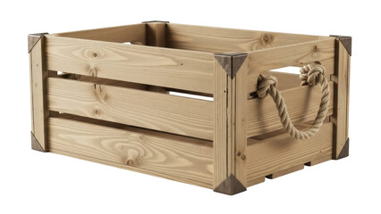 Wooden crate with rope handles isolated on transparent background, rustic storage container for organization and home decor PNG