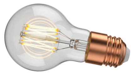 Vintage Edison light bulb PNG isolated on transparent background, antique style filament lamp for retro design and decoration