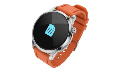 Orange smartwatch with document icon isolated PNG, modern wearable technology for fitness tracking and notifications on transparent background