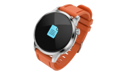 Orange smartwatch with document icon isolated PNG, modern wearable technology for fitness tracking and notifications on transparent background