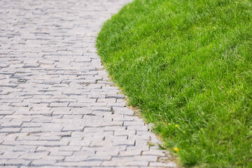 Fototapeta premium Paved stone walking path curving through a well maintained park lawn with green grass and shrubs on a sunny day