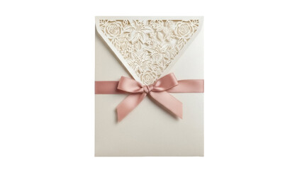 Elegant ivory invitation card with floral laser cut design and pink ribbon isolated PNG, wedding stationery for special occasions