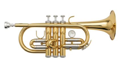 Gold cornet isolated PNG on transparent background, brass instrument for jazz music and classical orchestra performance