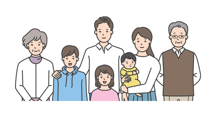 家族のイラストベクター素材（3世代・7人家族）