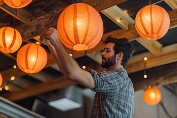 A man wearing a plaid shirt and red suspenders is hanging a lantern from the ceiling of a room with wooden beams and string lights.