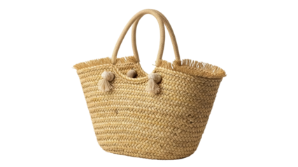 Woven straw tote bag isolated PNG on transparent background, natural fiber beach bag for summer fashion and vacation use