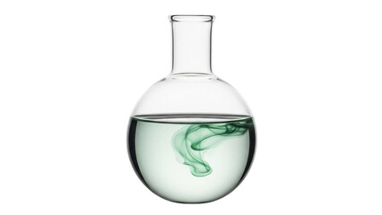 Round bottom flask with green liquid isolated PNG, laboratory glassware for chemistry experiments and scientific research on transparent background