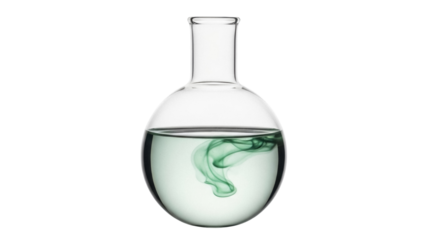 Round bottom flask with green liquid isolated PNG, laboratory glassware for chemistry experiments and scientific research on transparent background