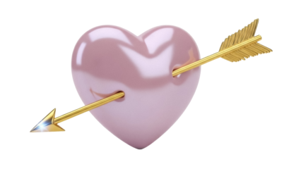 Pink heart pierced by golden arrow isolated PNG, symbol of love and romance for Valentine s Day and romantic designs