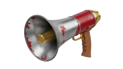 Red and silver megaphone PNG isolated, vintage bullhorn with handle for announcements and public speaking on transparent background
