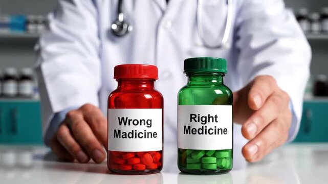 Doctor comparing wrong medicine red and right medicine green pills