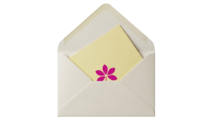 Open envelope with pink flower isolated PNG, stationery for greetings and invitations on transparent background, blank card for message