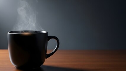 Aromatic hot beverage steaming in a dark mug on a wooden surface with a soft light illuminating the scene
