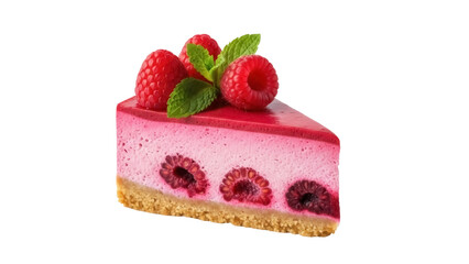 Delicious raspberry cheesecake slice isolated PNG, topped with fresh raspberries and mint leaves on transparent background