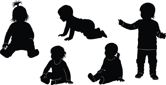 Black silhouettes of cute babies and toddlers in different poses including sitting, crawling, and standing, isolated on white background for childhood growth concepts.