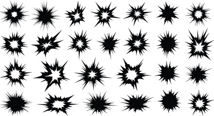 Explosion shapes, starbursts, bursts, impact effects, comic book elements, black graphic design elements. Abstract shapes for design.