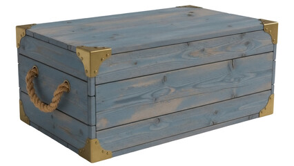 Rustic blue wooden chest with rope handles isolated PNG, vintage storage trunk for home decor and organization on transparent background