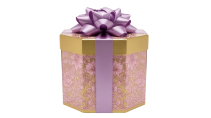 Elegant hexagonal gift box with purple bow isolated PNG, present with floral pattern on transparent background for birthday and holiday celebrations