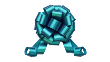 Shiny teal gift bow isolated PNG, festive ribbon decoration for presents and celebrations on transparent background, party favor embellishment