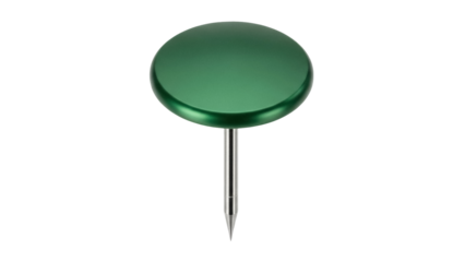 Green push pin isolated PNG on transparent background, office supply for bulletin boards and notice boards