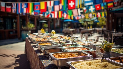 Fototapeta premium Buffet spread with international flags banner in outdoor setting