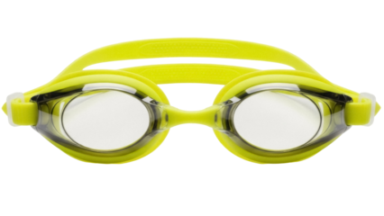 Bright yellow swimming goggles isolated PNG on transparent background, waterproof eyewear for professional swimmers and recreational use