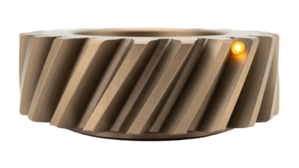 Bronze helical gear isolated PNG, industrial cogwheel component on transparent background for engineering and mechanical design projects