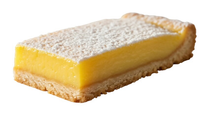 Rectangular lemon bar isolated PNG on transparent background, sweet dessert with shortbread crust and powdered sugar for pastry shop