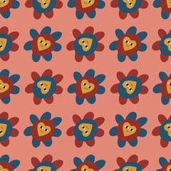 Obraz premium Colorful Floral Pattern with Heart Faces Vector Illustration. The playful design uses bold colors like red, blue, and yellow on a pink background.