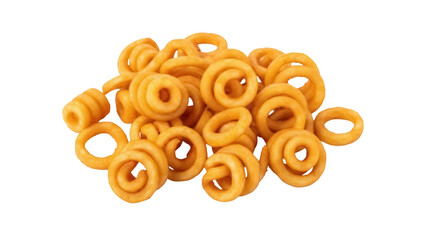 Heap of golden spiral potato chips isolated PNG, crispy snack food on transparent background, savory treat for party or picnic