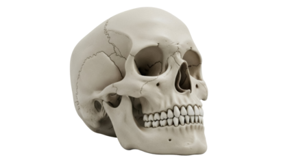 Human skull isolated PNG on transparent background, anatomical model for medical study and Halloween decoration, bone structure and skeletal system