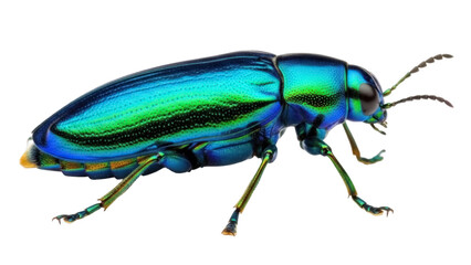 Iridescent jewel beetle PNG isolated on transparent background, metallic green and blue insect with intricate details for design projects