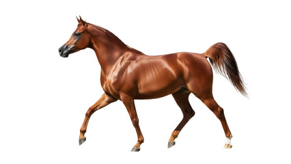 Chestnut Arabian horse isolated PNG, graceful equine with flowing mane and tail on transparent...