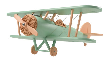 Vintage wooden toy biplane PNG isolated on transparent background, retro style airplane model for...