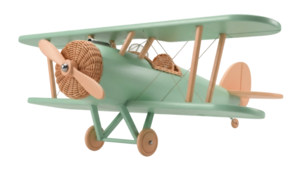 Vintage wooden toy biplane PNG isolated on transparent background, retro style airplane model for kids room decor and aviation enthusiasts