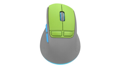 Ergonomic computer mouse isolated PNG on transparent background, green and gray wireless mouse for comfortable computing and office use