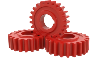 Three red gears PNG isolated on transparent background, mechanical components for engineering and industrial design projects