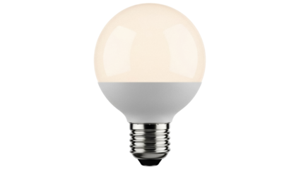 Round LED light bulb PNG isolated on transparent background, energy-efficient lighting for home decor and sustainable design