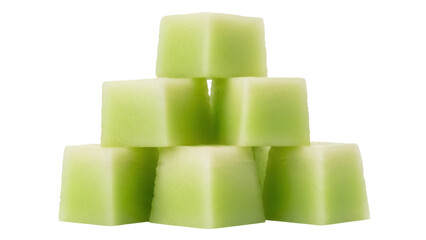 Honeydew melon cubes stacked isolated PNG, fresh green fruit pieces for healthy eating and summer dessert on transparent background