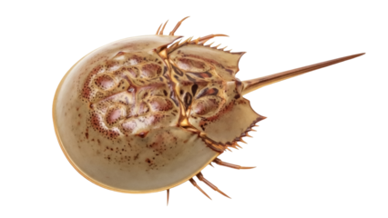 Horseshoe crab isolated PNG on transparent background, ancient marine arthropod with a hard shell and long tail for biology and zoology