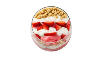 Delicious strawberry parfait in glass isolated PNG, layered dessert with yogurt, granola and fresh strawberries on transparent background