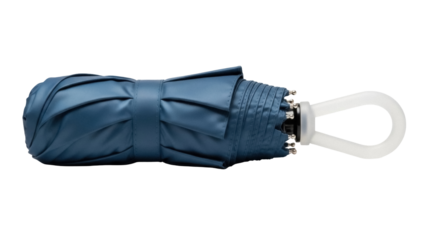 Folded blue umbrella isolated PNG, compact rain protection accessory for travel and everyday use on transparent background