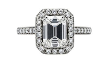 Elegant emerald cut diamond ring isolated PNG, vintage style engagement jewelry on transparent background for wedding and anniversary