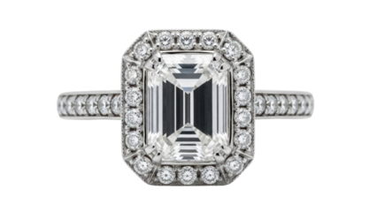 Elegant emerald cut diamond ring isolated PNG, vintage style engagement jewelry on transparent background for wedding and anniversary