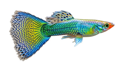 Colorful male guppy fish PNG isolated on transparent background, vibrant tropical aquarium pet with fancy tail and iridescent scales