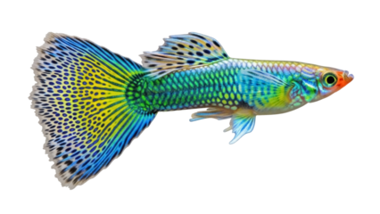 Colorful male guppy fish PNG isolated on transparent background, vibrant tropical aquarium pet with fancy tail and iridescent scales