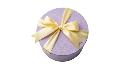 Elegant lavender gift box with yellow ribbon isolated PNG, present for special occasions and celebrations on transparent background