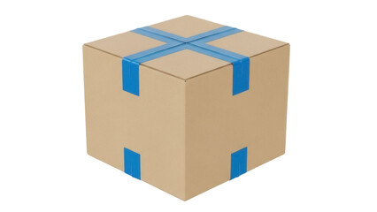 Cardboard box with blue tape isolated PNG, brown package for shipping and moving, delivery container on transparent background