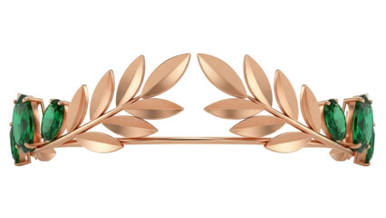 Elegant rose gold laurel wreath with green gemstones isolated PNG, decorative headpiece for weddings and special occasions