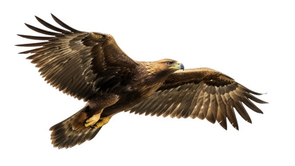 Majestic golden eagle flying isolated PNG on transparent background, powerful bird of prey with outstretched wings for wildlife and nature designs